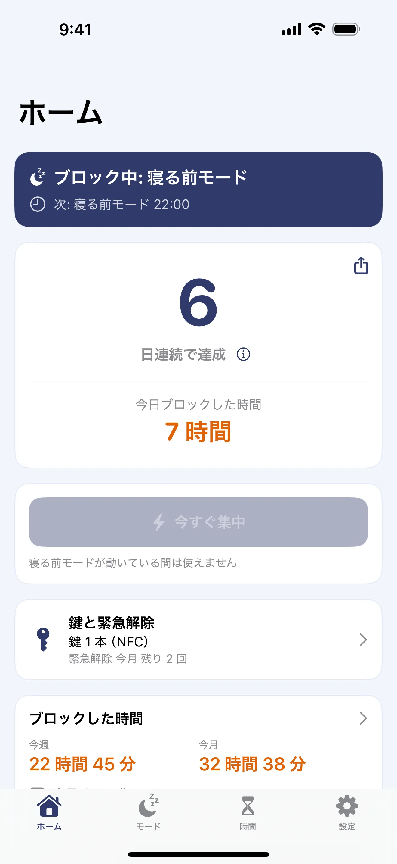 スマホストッパーのホーム画面。寝る前モードでブロック中、6 日連続で達成、今日ブロックした時間は 7 時間